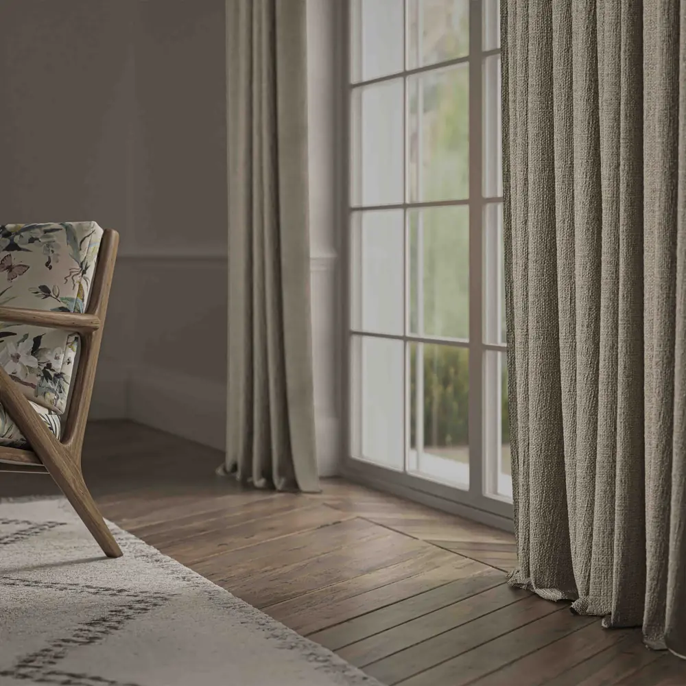 Bruges Hessian curtain room setting by Warwick Fabrics